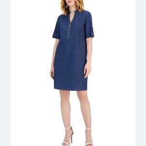 ANNE KLEIN | Womens Zipper Neck Tab-Cuff Shift Dress $99 NEW Size 6 Cotton Blue